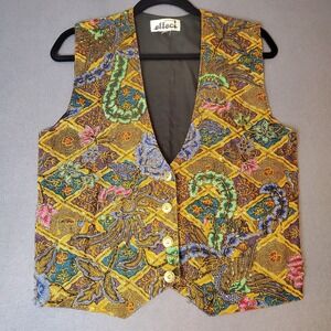 Vintage 80s Effect Heavily Beaded‎ Floral Impressionist M Vest Gold Button Front